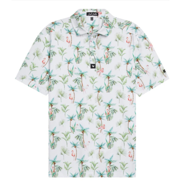 Bad Birdie Golf Polo Shirt Mens Medium White Green Palm Trees Pelican Graphic - Picture 1 of 5